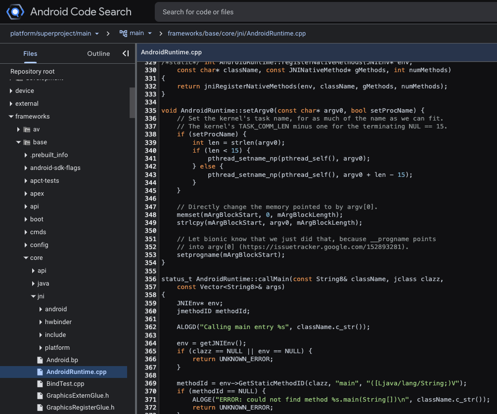 Viewing the Android Runtime initialization methods on cs.android.com