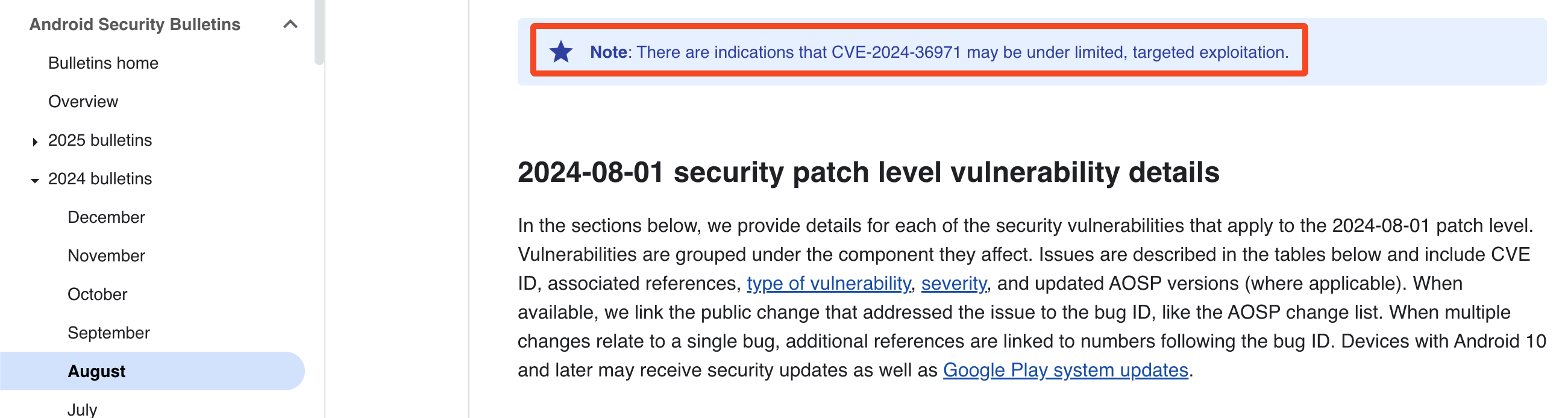 Google warning regarding CVE-2024-36971