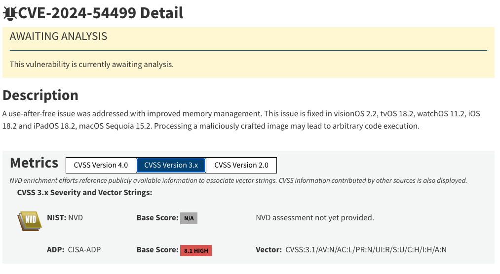 CVE-2024-54499 - arbitrary code execution in iOS using a maliciously crafted image exploiting a use-after-free bug