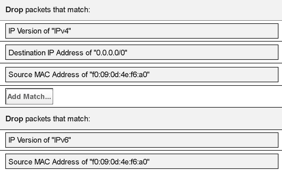 Packet filter rules blocking outbound IPv4 (local network is not included) and all IPv6