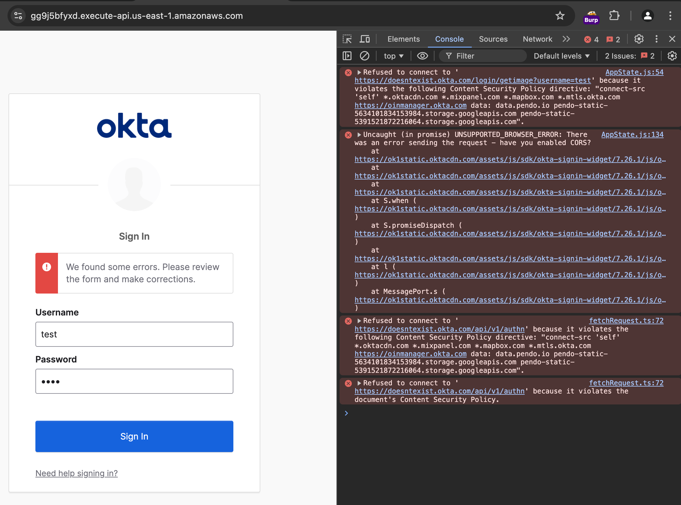 CSP violated when doesntexist.okta.com is requested from the API Gateway URL