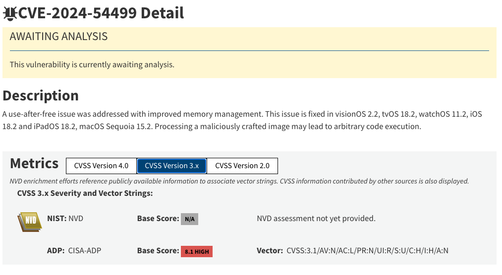 CVE-2024–54499 — arbitrary code execution in iOS using a maliciously crafted image exploiting a use-after-free bug