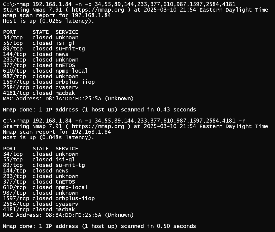 Two Nmap scans are initiated from another system — the first with a random Nmap scan order (default), and the second with 10 sequential fibonacci port numbers (using the -r flag)